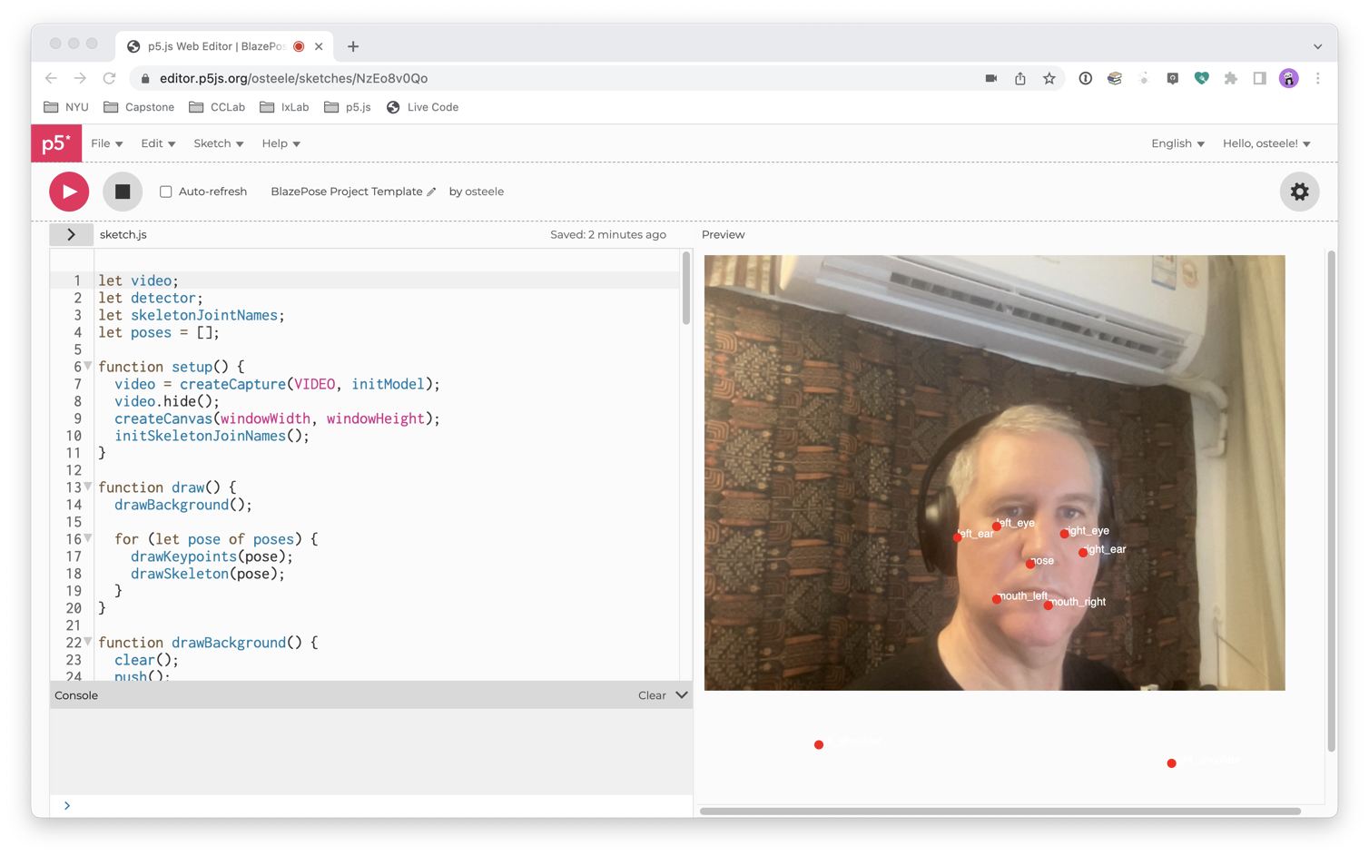 You should see something like this. Note the red circles and white text on top of the image. Move further away from the camera in order to see the estimated pose for your whole body.
