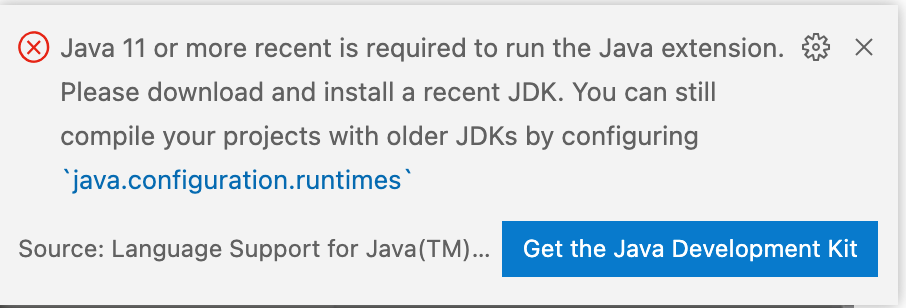 VS Code will prompt to install the JDK, once the Language Support extension is installed.