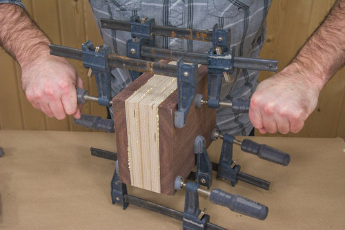 F Clamps. For best results, place a piece of sacrificial wood between the workpiece and the clamp jaw, to protect the workpiece from dents.